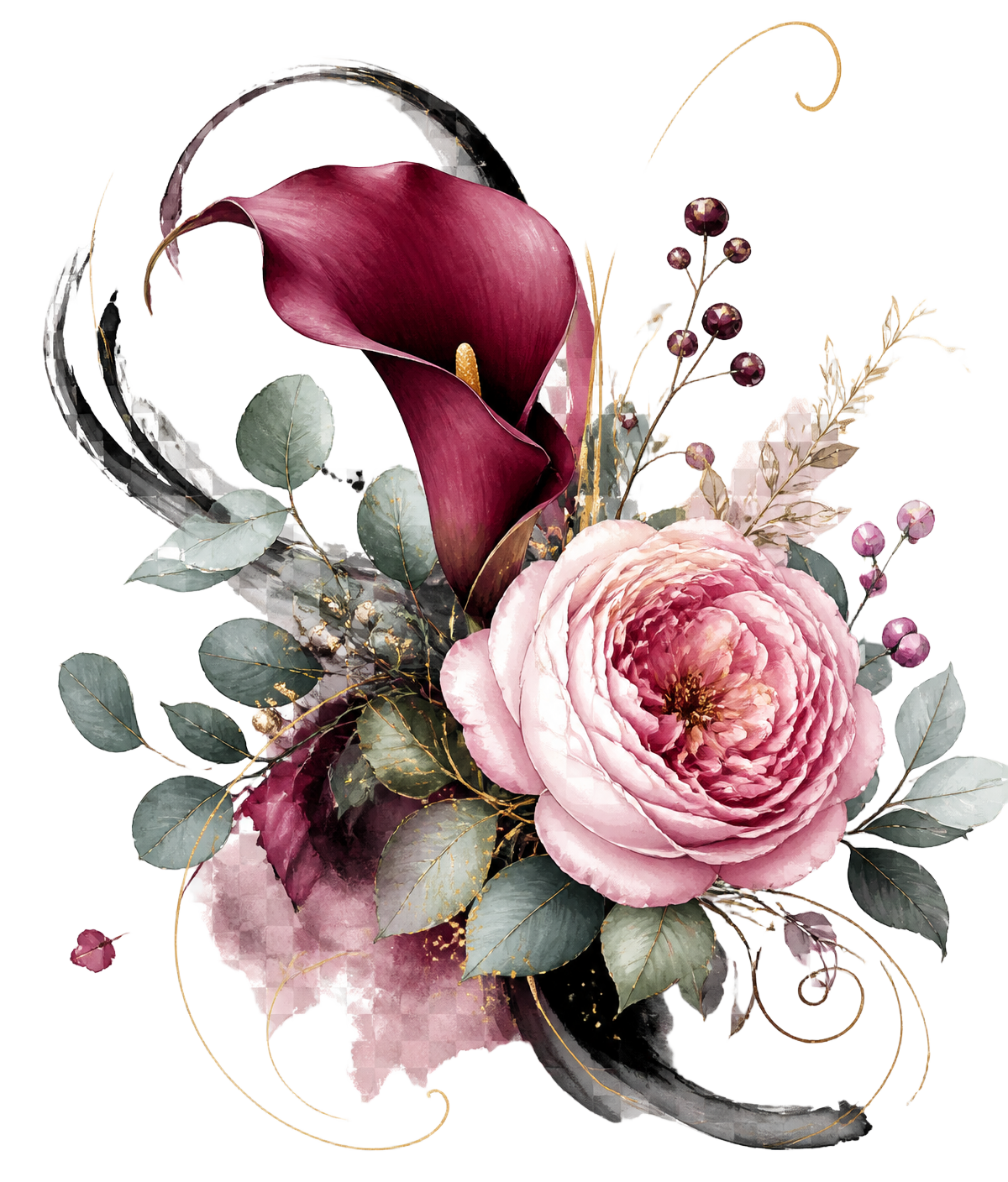 Hello Beloved watercolor florals — burgundy calla lily and pink rose